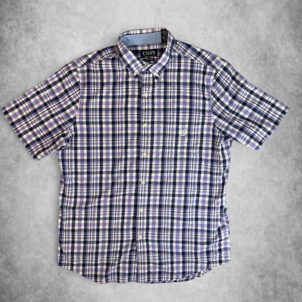 Chaps Mens Short Sleeve Plaid Button Down Shirt Purple Navy Blue Large
